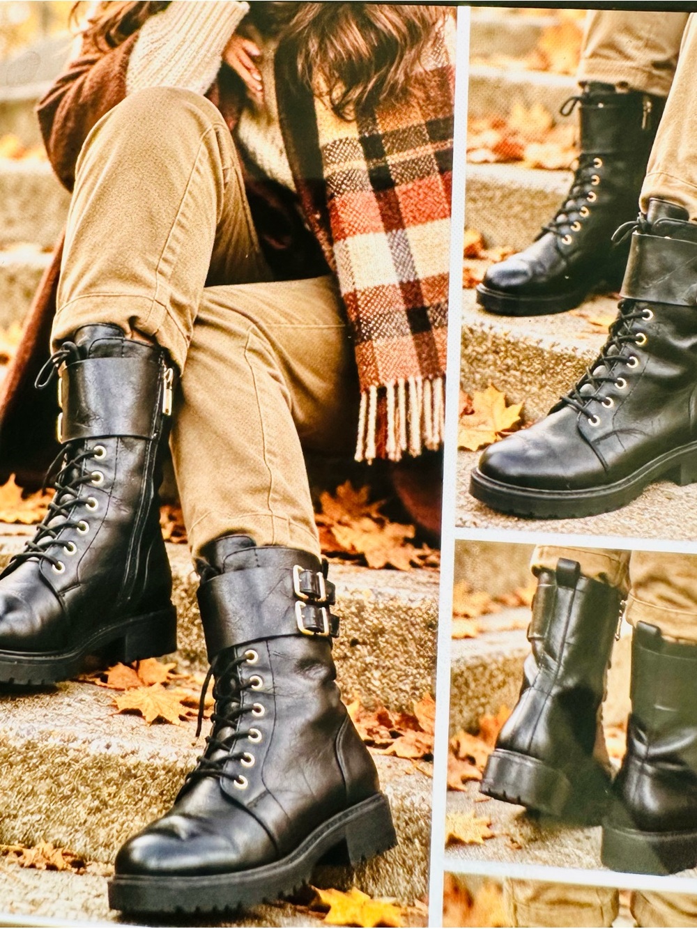 Women's Black Lace-Up Combat Boots with Buckle Straps